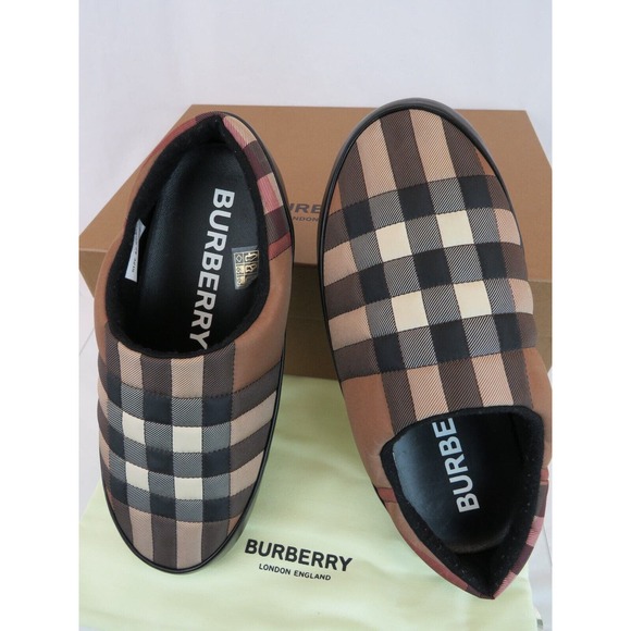 $620 BURBERRY NORTHAVEN BROWN QUILTED CHECK BLACK LEATHER LOGO SLIPPERS 44 US 11 - Picture 3 of 14